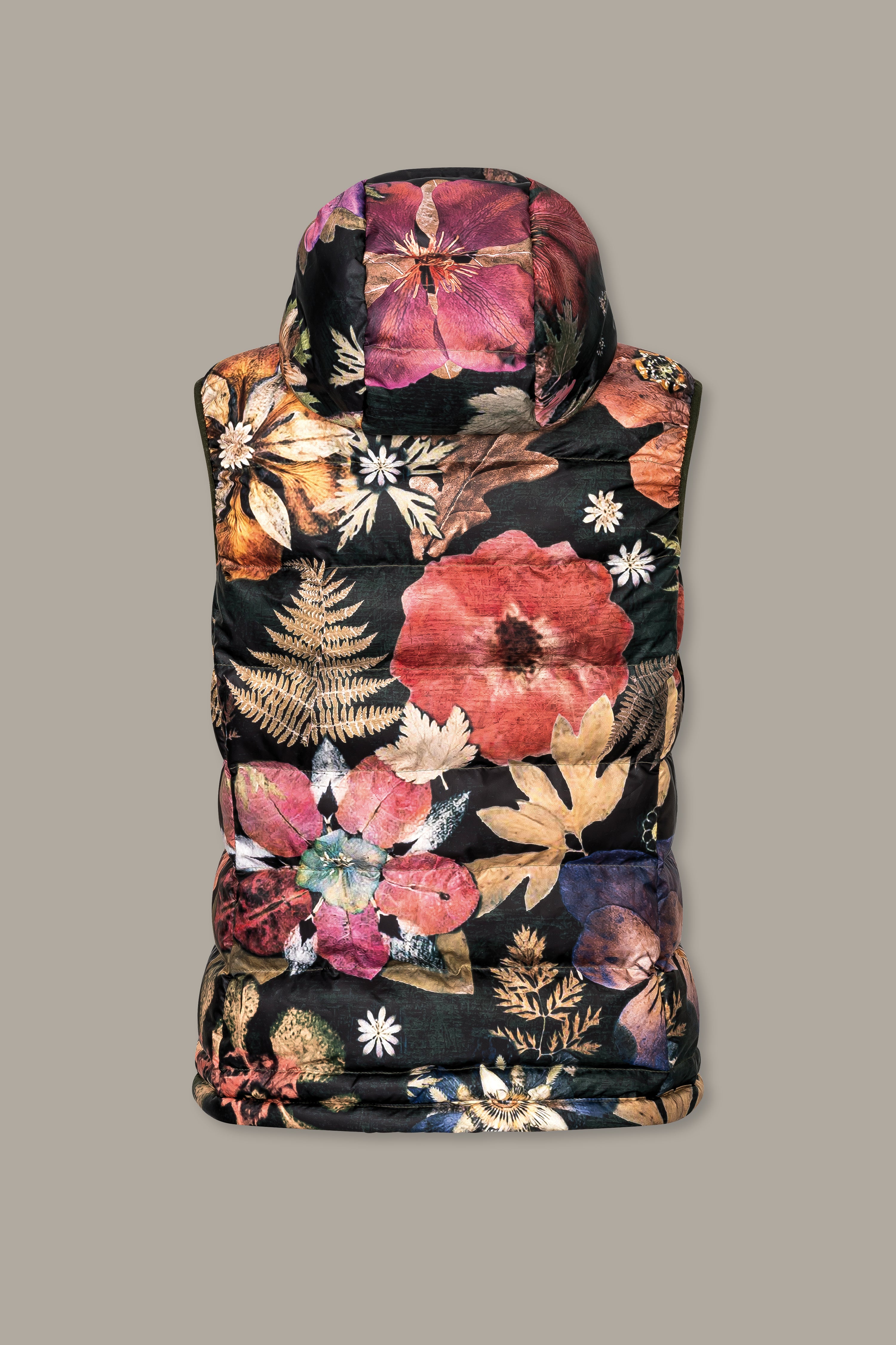 Quilted vest with flower print and detachable hood