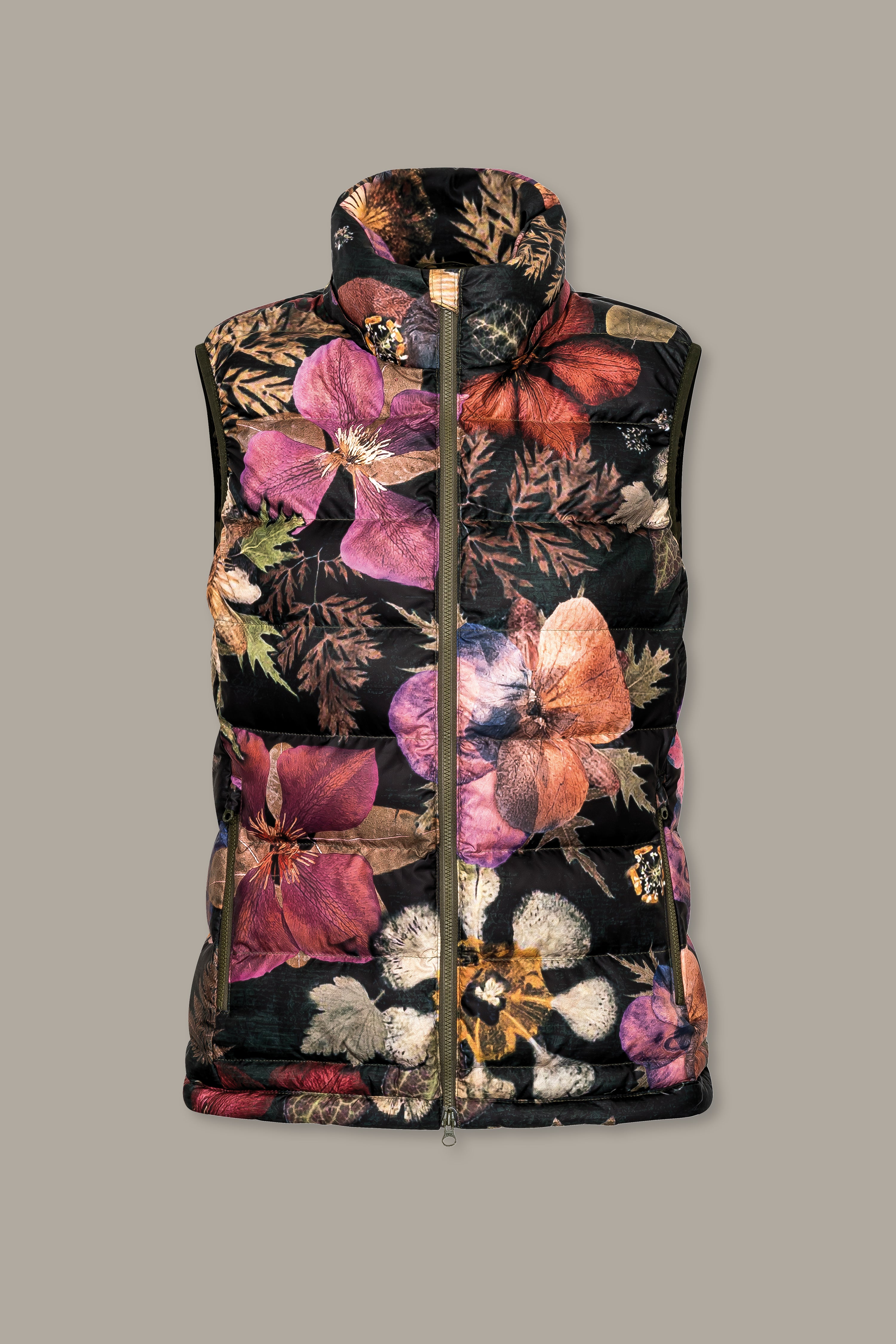 Quilted vest with flower print and detachable hood